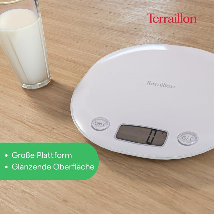 TERRAILLON elektronische Küchenwaage – Tara, Flüssigkeitsumrechnung, integrierter Griff, Wiegebereic