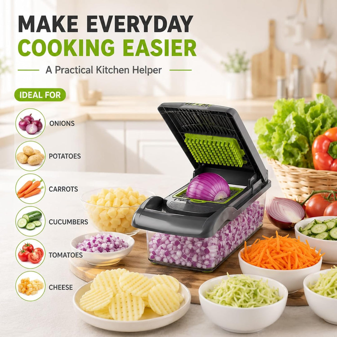 Carehabi Gemüseschneider Gemüsehobel Mandoline Zwiebelschneider mit 7 Klingen, Manueller Gemüse Schn