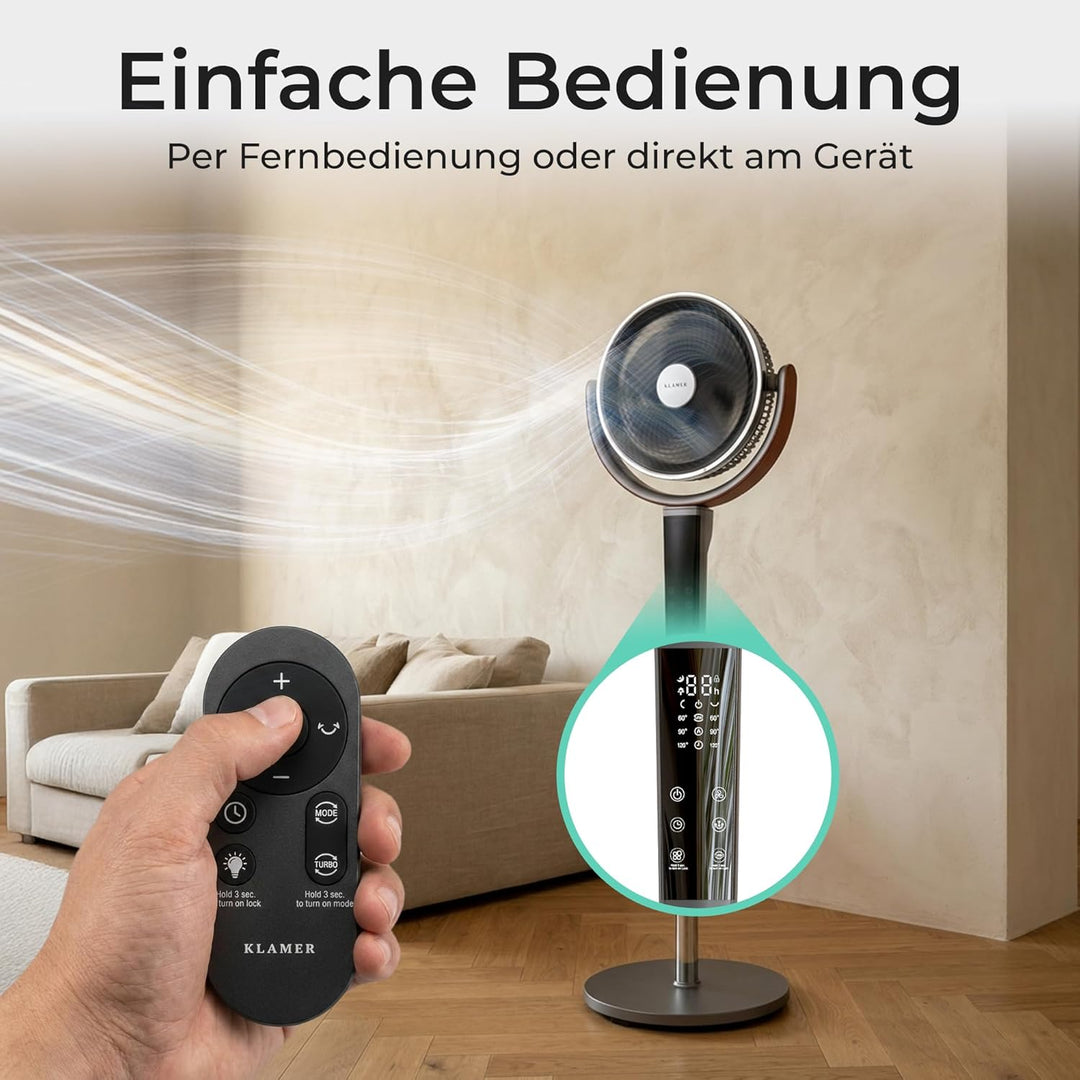 KLAMER 3D Standventilator leise mit Fernbedienung, Ventilator mit 15 Geschwindigkeitsstufen, 4 Windm