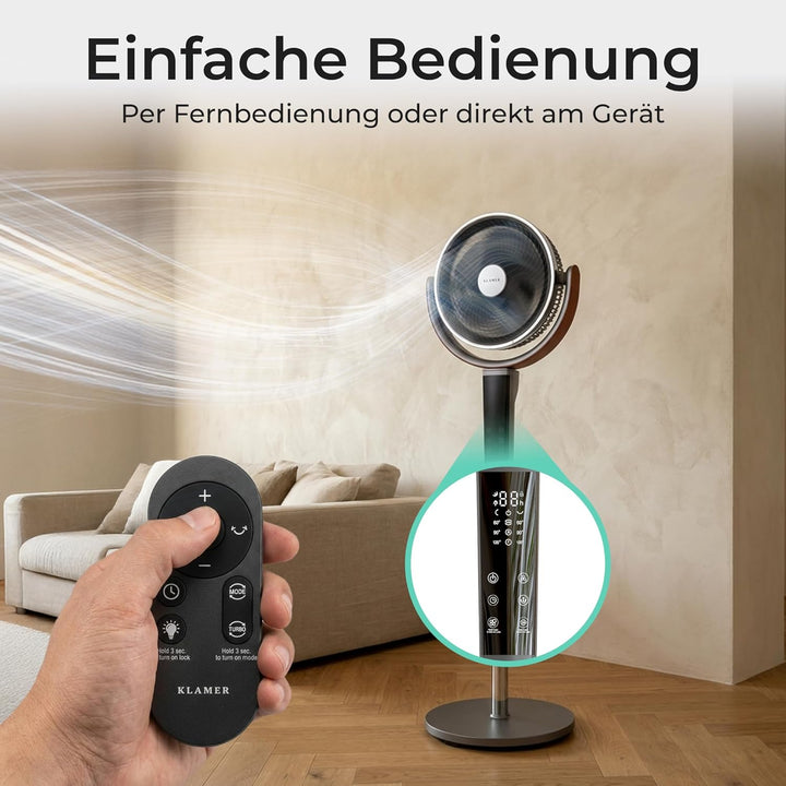 KLAMER 3D Standventilator leise mit Fernbedienung, Ventilator mit 15 Geschwindigkeitsstufen, 4 Windm