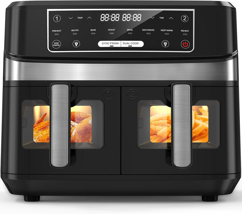 Heissluftfritteuse 2 Kammern mit Sichtfenster, 10L XXL Kapazität Doppel-Airfryer, 8-in-1 Kochvorgabe