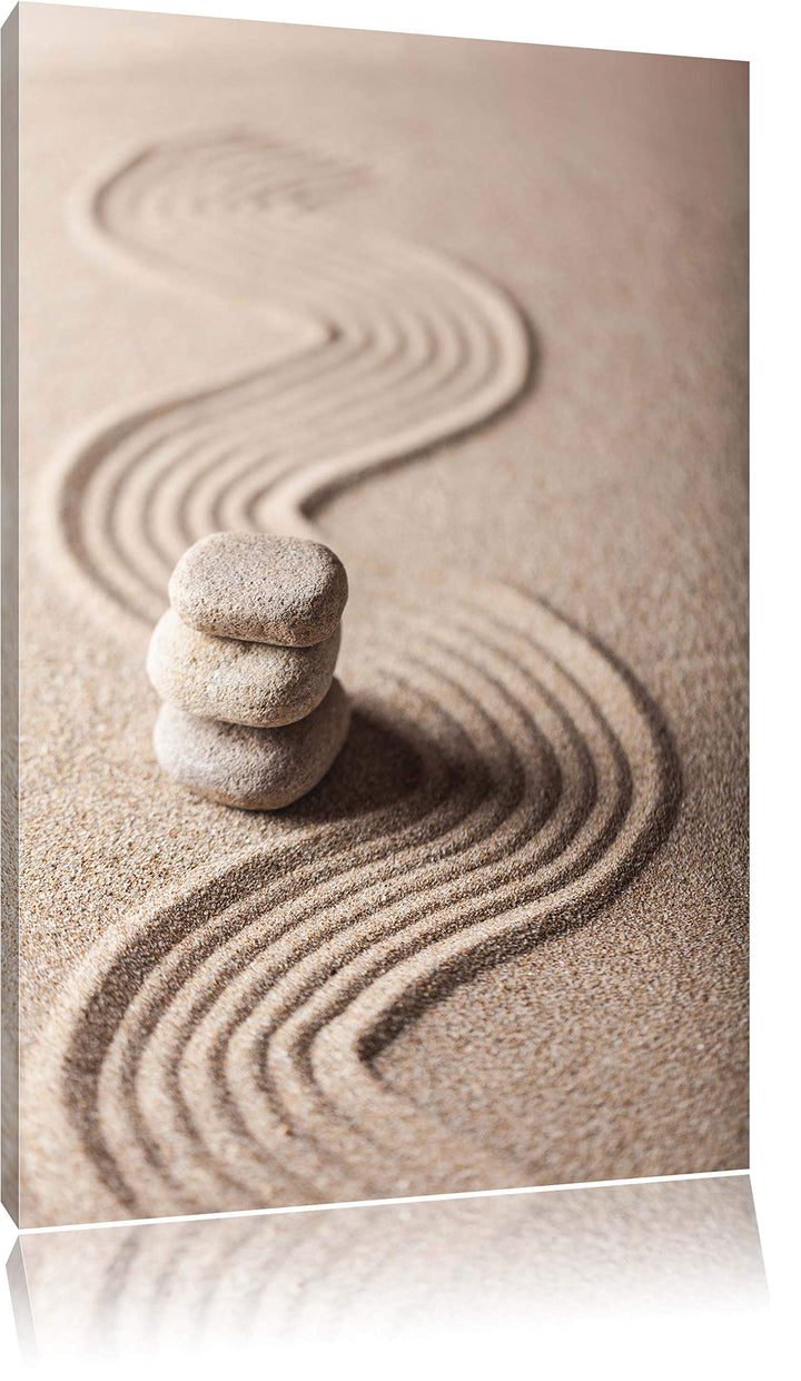 Pixxprint Wellenmuster im Sand mit Steinen, Format: 100x70 auf Leinwand, 100x70
