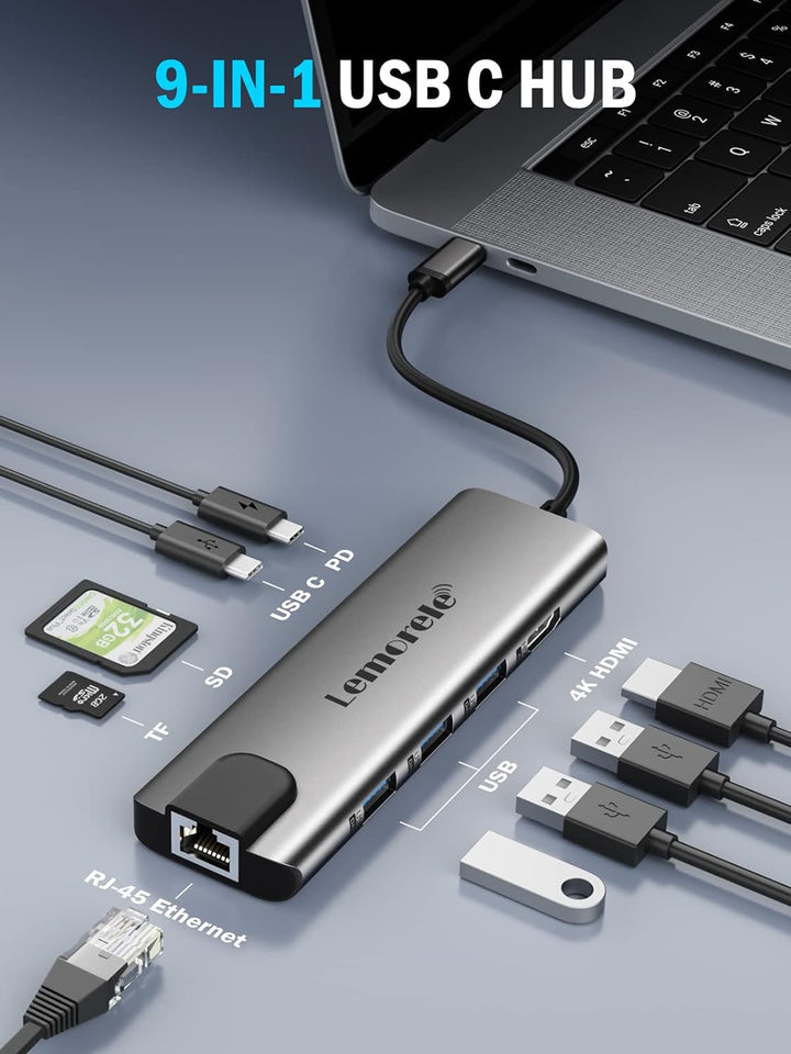 Docking Station USB C, Lemorele USB C Hub 9 in 1 Aluminiumgehäuse mit 1 Gbps Ethernet, 4K HDMI, 100W