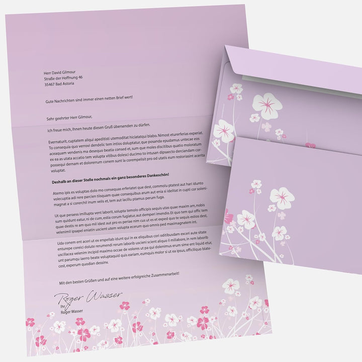 Briefpapier-Set 50-tlg. "Blumenranken LILA", 25 Blatt Motivpapier 90g/qm und 25 passende Kuverts DIN