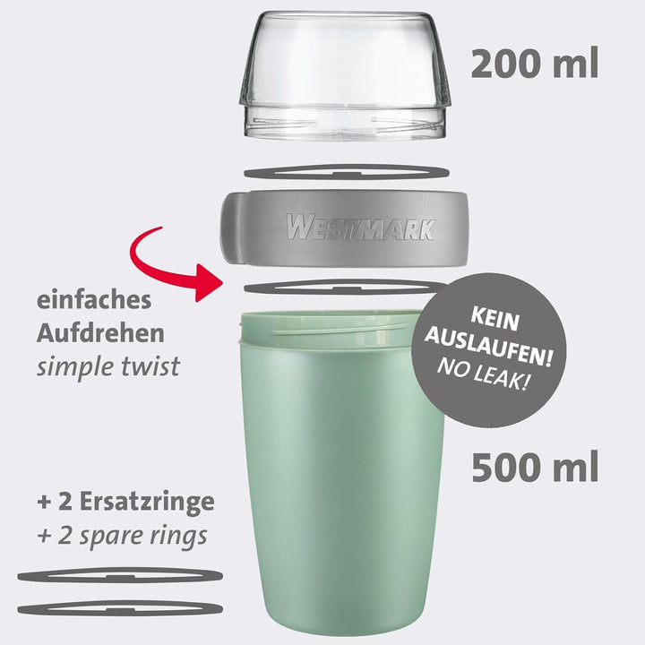 Westmark Müslibecher/Lunchpot Set – 2 auslaufsichere Fächer: 200 ml +500 ml, 2 Ersatzdichtungsringe,