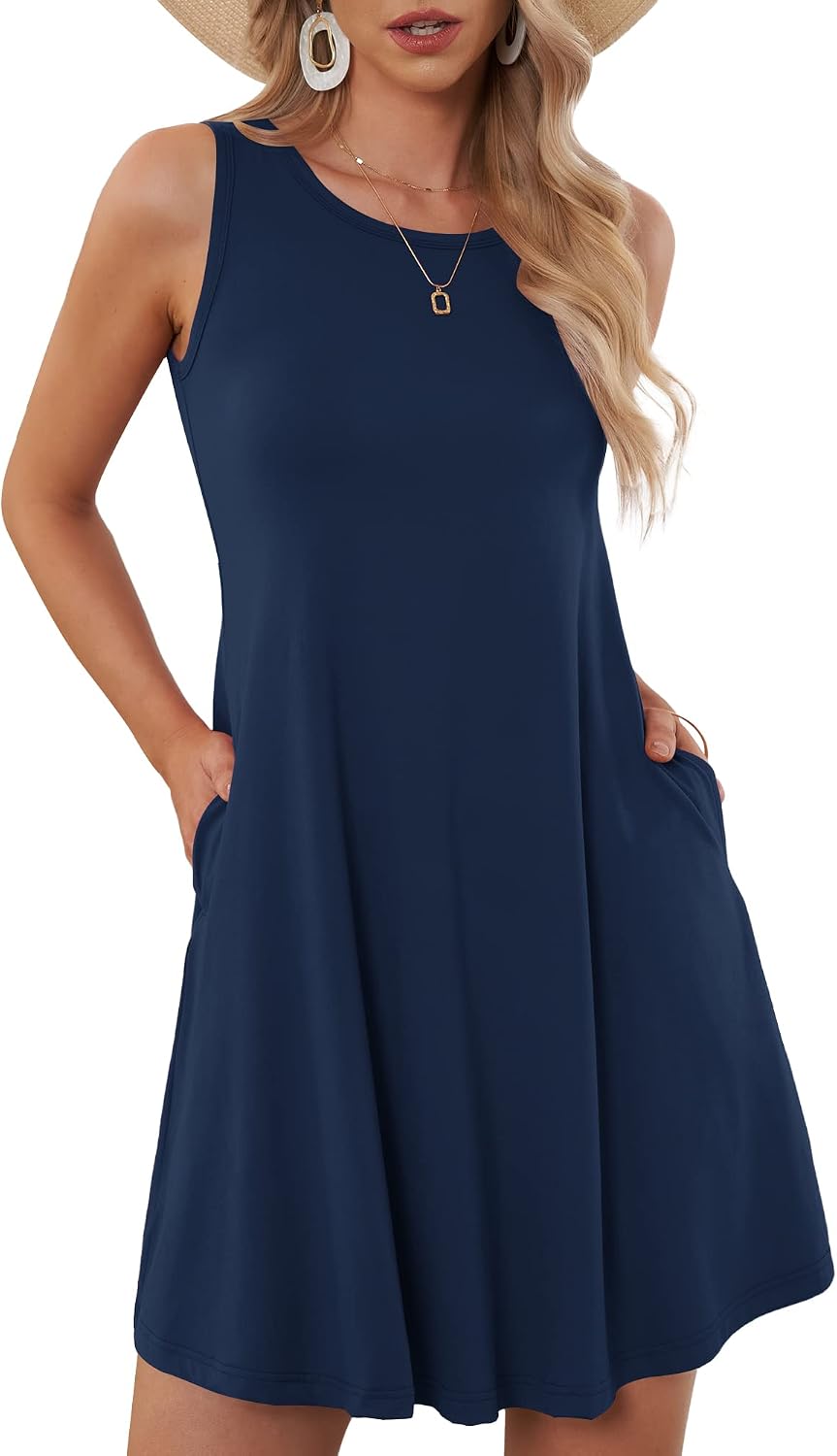 WNEEDU lässiges Sommerkleid Damen Ärmellose Tank Strandkleider T-Shirt Kleid mit Taschen Marine M, M