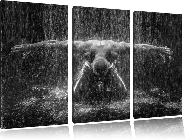 Pixxprint Bodybuilder im Regen Kunst Buntstift Effekt 3-Teiler Leinwandbild 120x80 Bild auf Leinwand