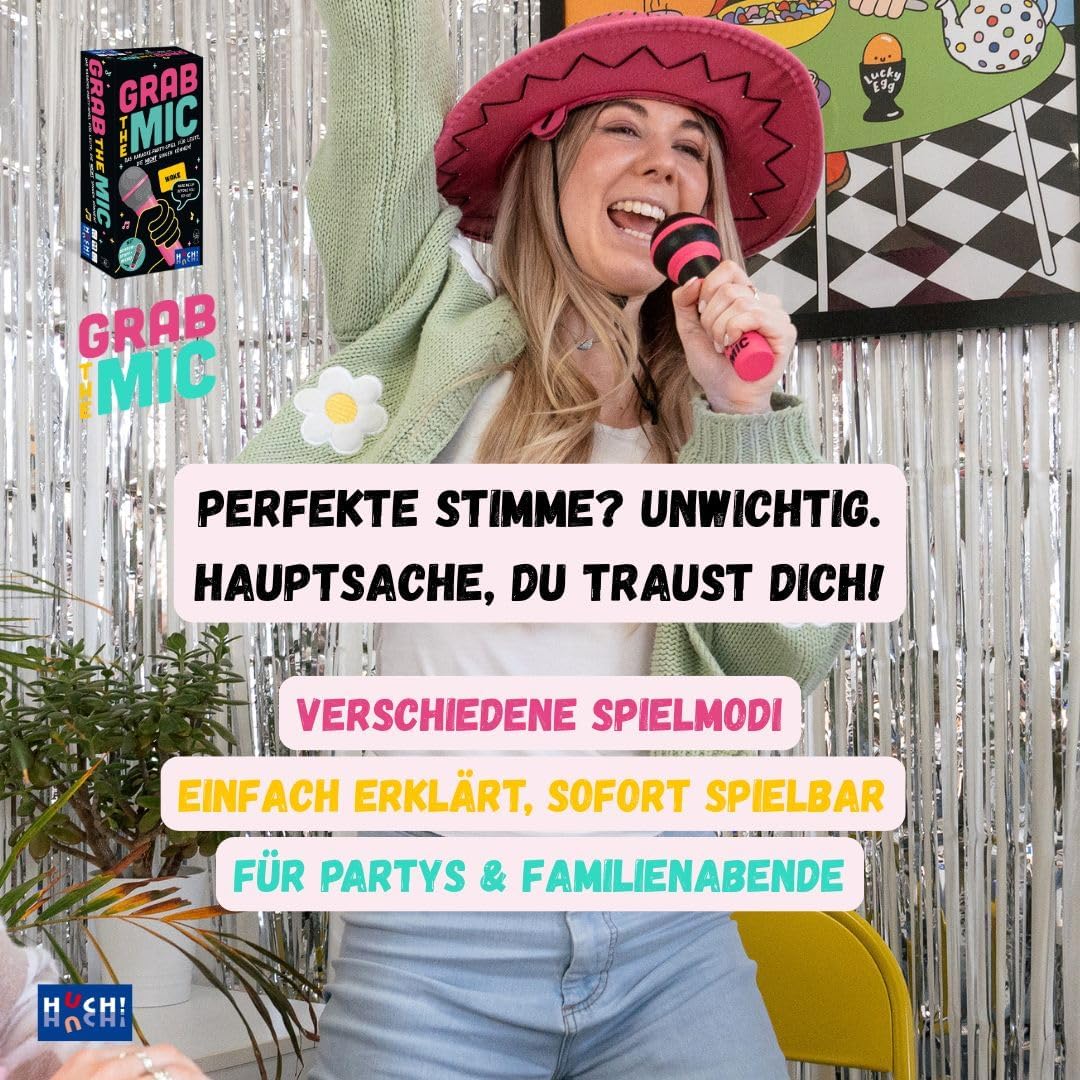 HUCH!, Grab The Mic Spiel Deutsch, Karaoke Spiel mit lustigen Songtext-Challenges, Partyspiele lusti