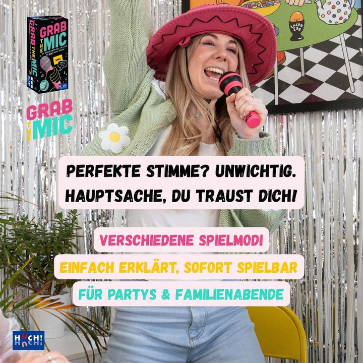 HUCH!, Grab The Mic Spiel Deutsch, Karaoke Spiel mit lustigen Songtext-Challenges, Partyspiele lusti