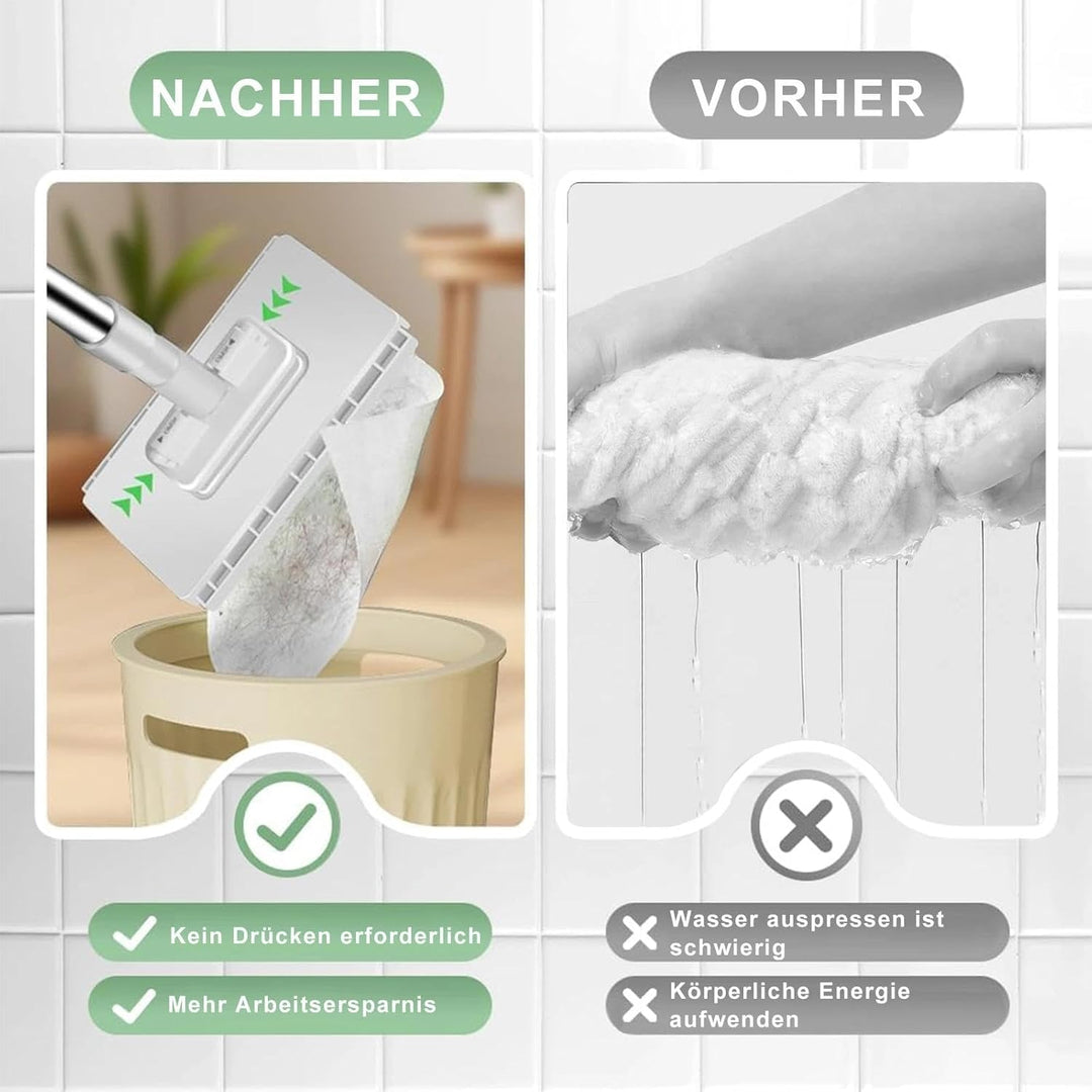 NEU Wischmopp mit Druck-Klemm-System: Ohne Händewaschen,1-Knopf-Wechsel, Automatisches Klemmtuch, Bo
