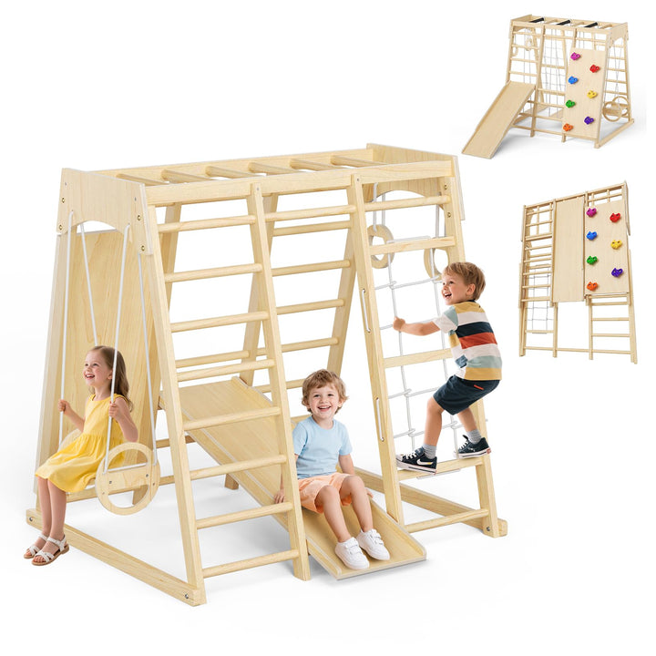 9-in-1-Klettergerüst für den Innenbereich für Kinder, Indoor-Spielplatz aus Holz mit Rutsche und Sch