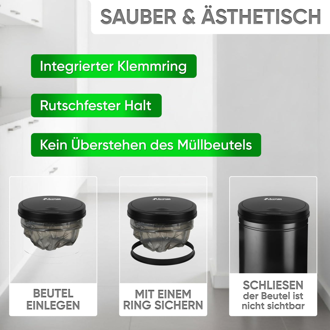 Allyson® Sensor Mülleimer Küche mit Sensor 30L – Automatik Abfalleimer Edelstahl mit Soft-Close Deck