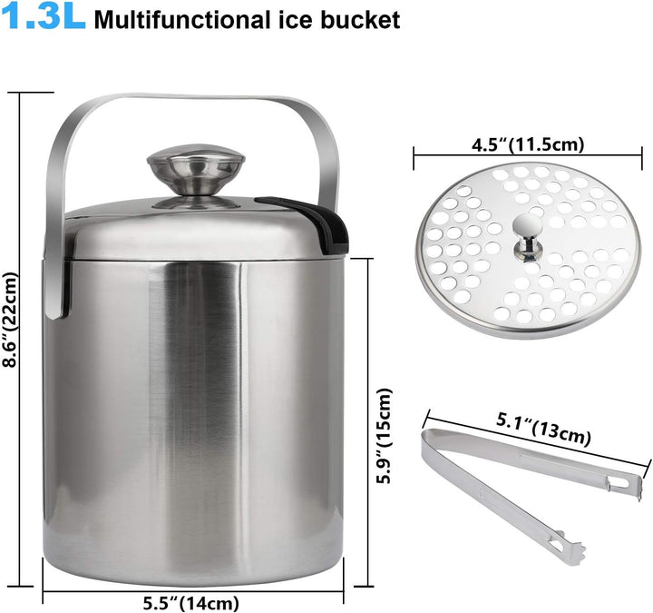 1.3 L Eiseimer Eiswürfelbehälter Edelstahl Eiseimer Eisbehälter mit Zange und Deckel für Eiswürfel u