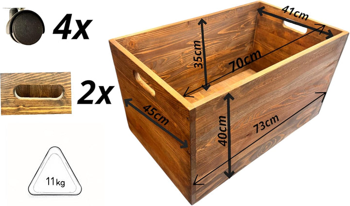 weeco Holz-Aufbewahrungstruhe mit Rollen, 73 x 45 x 40 cm, Kiefernholz, Braun, Multifunktionale Lage