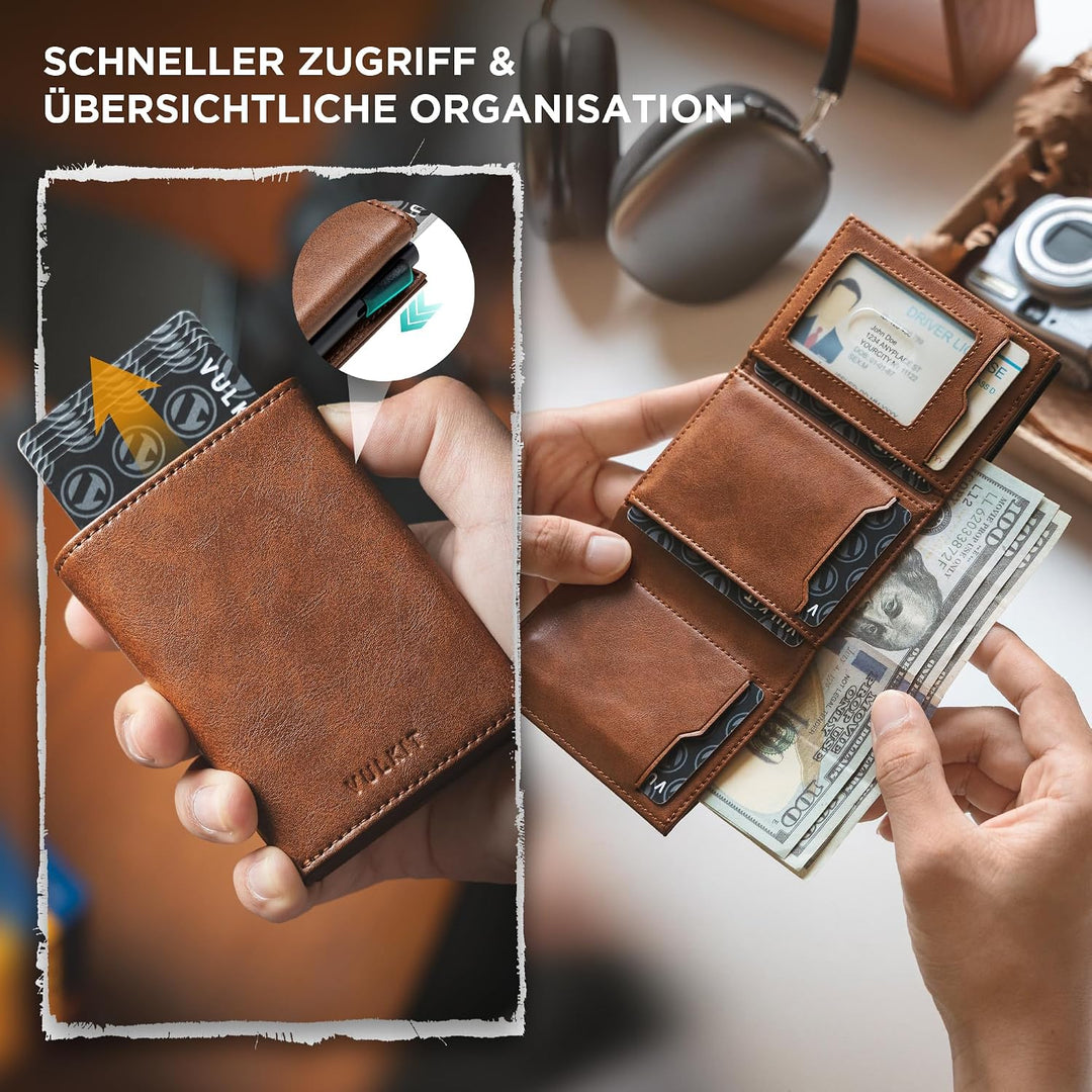 VULKIT Herren Geldbörse Schlanke mit RFID-Schutz und Münzfach | Leder Geldbeutel Kartenetui Klein Po