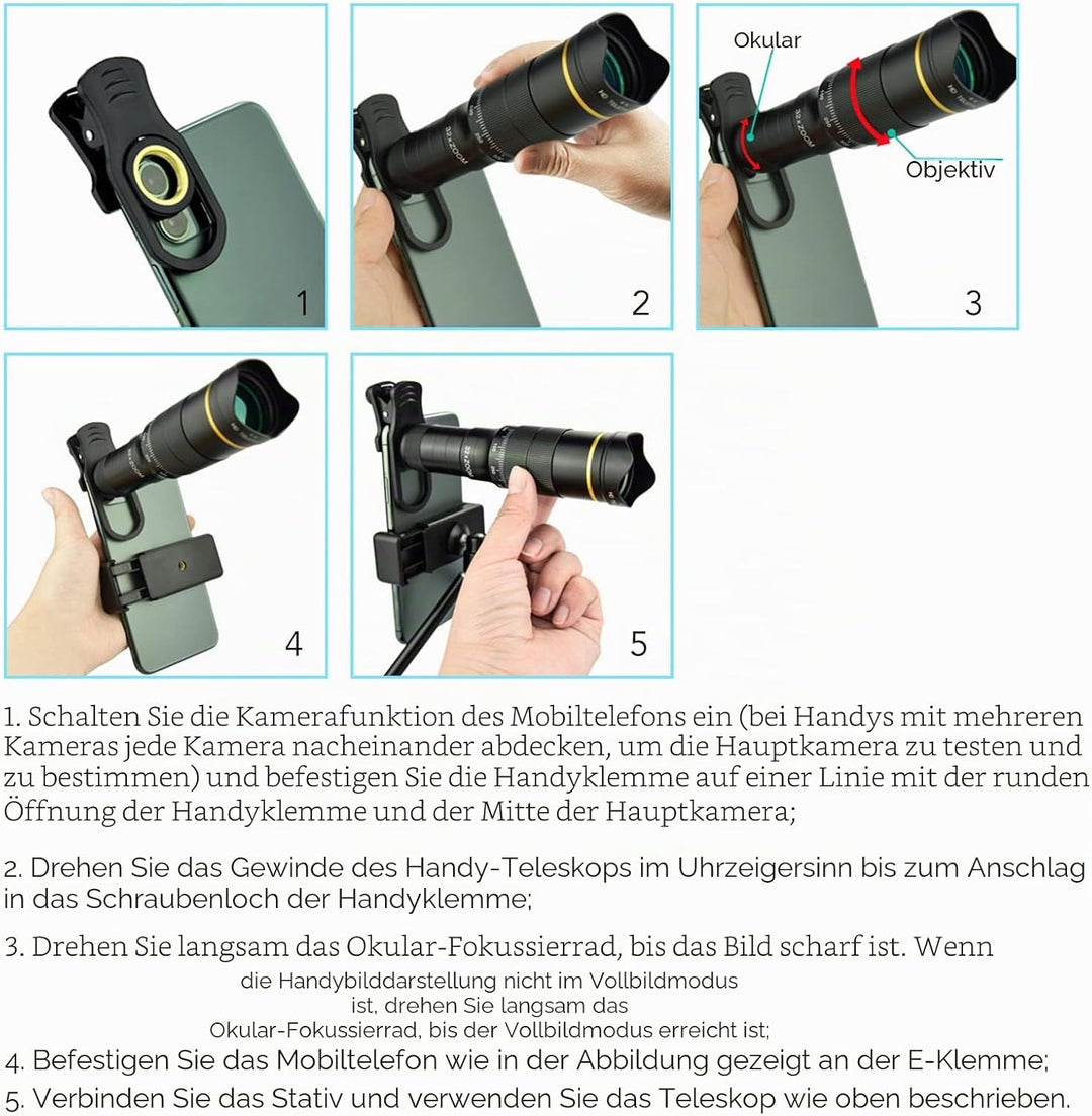 Handy Kameraobjektiv, Doppelt Verstellbares Handy Objektiv mit 32 facher Vergrösserung, Unterstützun