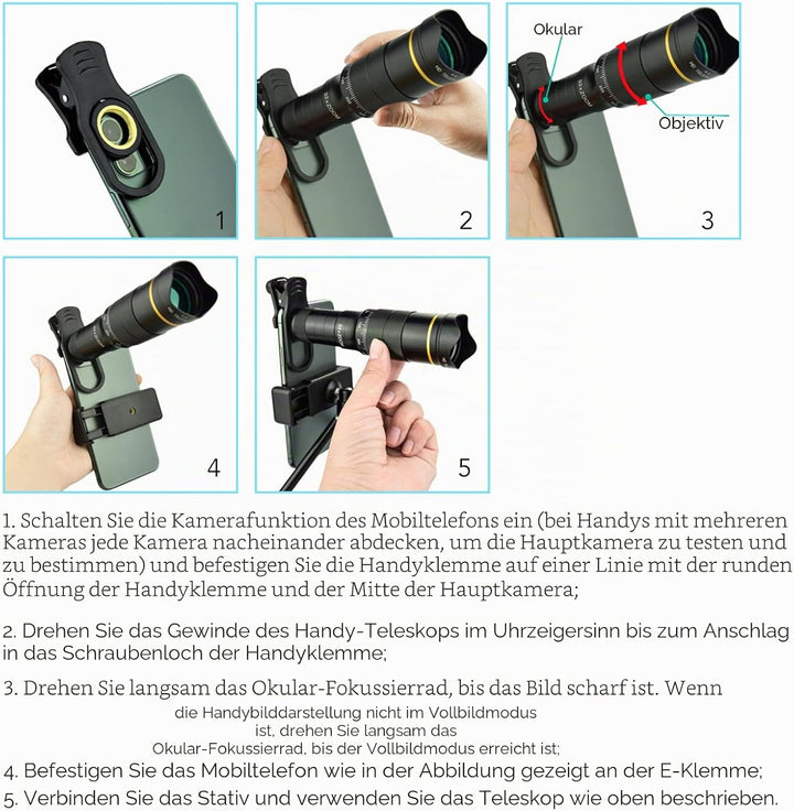 Handy Kameraobjektiv, Doppelt Verstellbares Handy Objektiv mit 32 facher Vergrösserung, Unterstützun