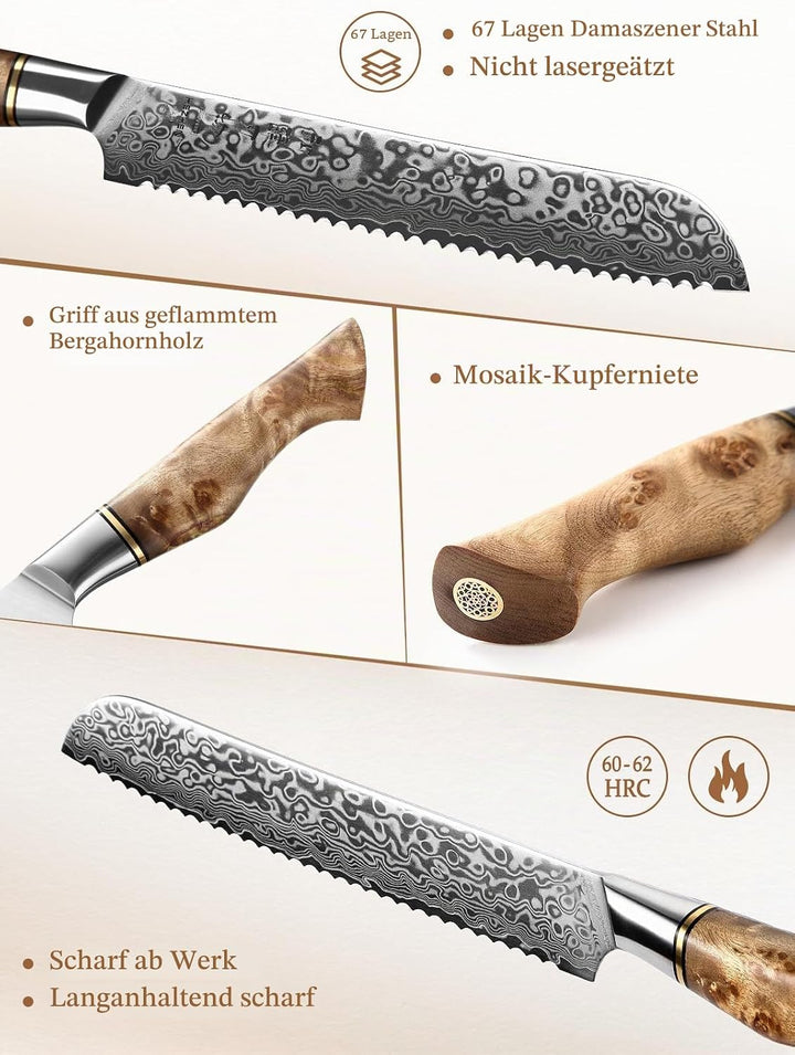 HEZHEN Damast Brotmesser, Profi Kuchenmesser mit Wellenschliff, Gezackten Küchenmesser, Ergonomische