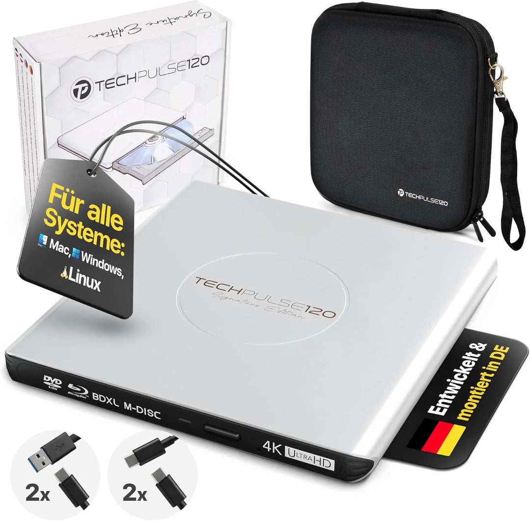 techPulse120 Externes USB 3.1 USB-C UHD 4k 3D M-DISC Blu-ray DVD CD HDR10 128GB Laufwerk Brenner Bur