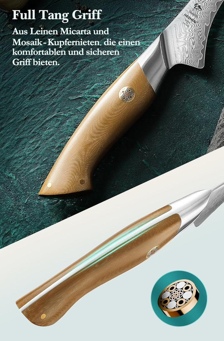 HEZHEN Damaststahl Filetiermesser, Professionelles Fischmesser, Damast Ausbeinmesser Profi, Full Tan