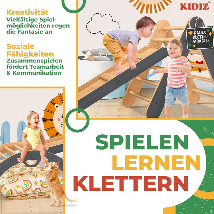 Kidiz® Klettergerüst Montessori 7in1 Spiel-Set mit Kletterbogen Rutsche Kletterdreieck aus Holz inkl