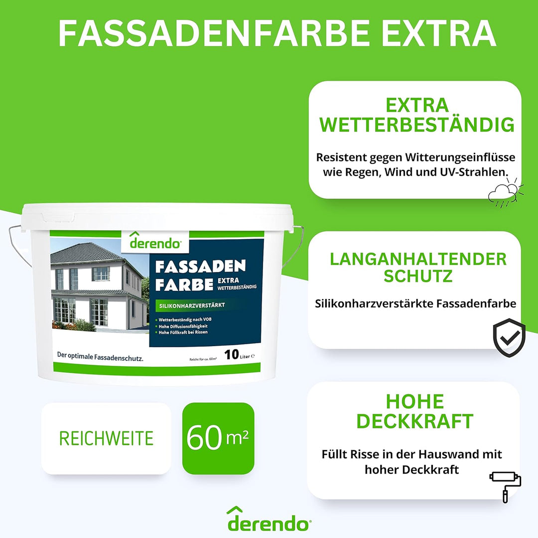 derendo Fassadenfarbe grau 10l mit EXTRA hohem Wetterschutz, matte silikonharzverstärkte Fassaden Fa