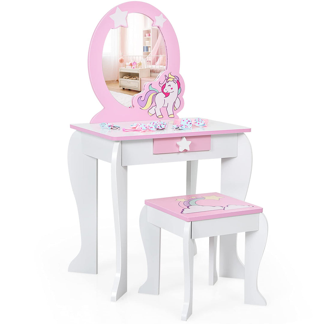 DREAMADE Kinder Schminktisch mit Hocker & Abnehmbarer Spiegel, Frisiertisch für Kinder, Frisierkommo