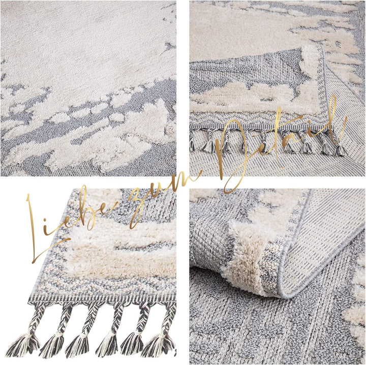 payé Teppich Wohnzimmer - Abstrak - 120x170cm - Creme Grau Blau - Fransen Deko Boho Flauschig - Cut