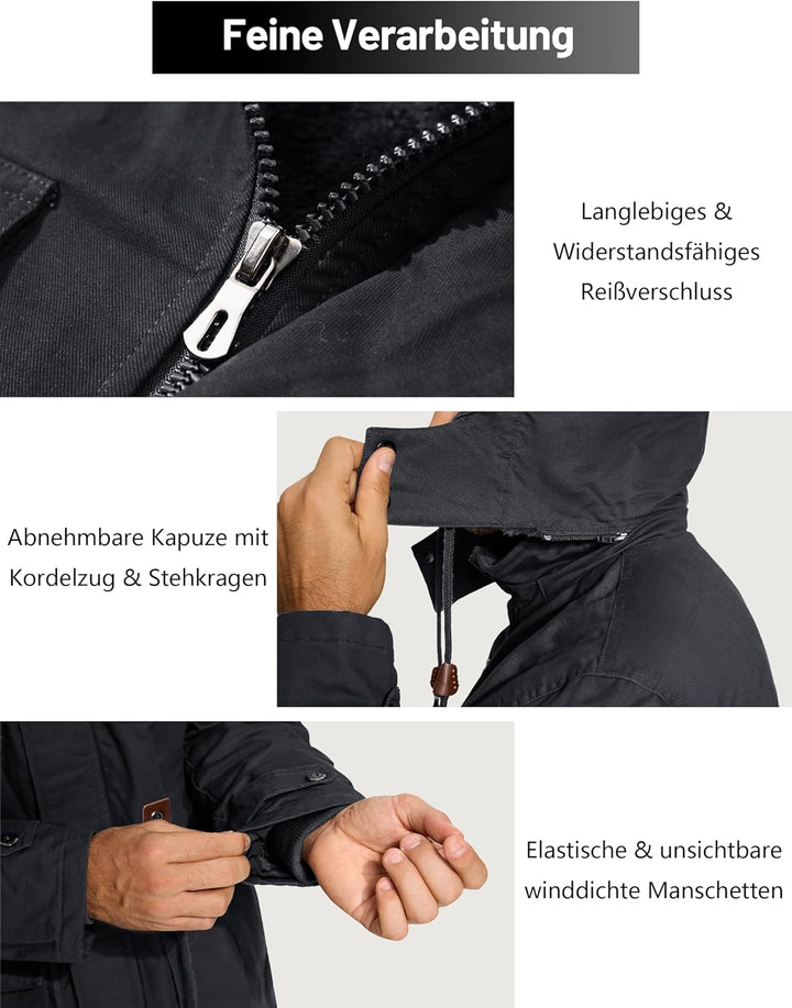 KEFITEVD Winterparka Herren Fleece Gefüttert Winterjacke mit Viele Taschen Kapuze Warm Winter Mantel