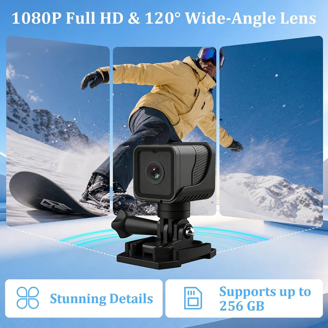 Mini Action Cam WiFi 1080P HD &amp; 120° Weitwinkel wasserdichte Sportkamera mit Loop-Aufnahme 900 mAh A