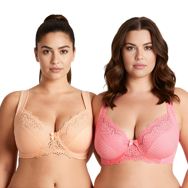 Curve Muse Übergrösse Ungefüttert Bügel Spitzen-BH mit gepolsterten Schultergurten-2er Pack 75C Rosa