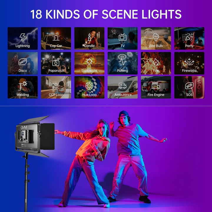 GVM RGB Videolicht Panel mit Stativ Set, 75W LED Videoleuchte mit APP-Steuerung, 3200K-5600K LED Stu