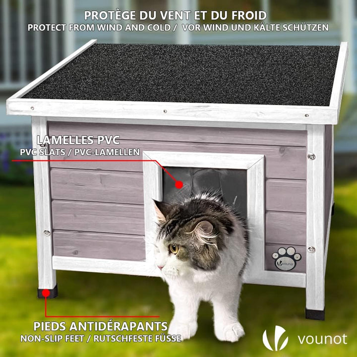 VOUNOT® Katzenhaus aus Holz, Katzen Haus mit Asphaltdach, Katzenhütte für Draussen Outdoor 57 x 45 x