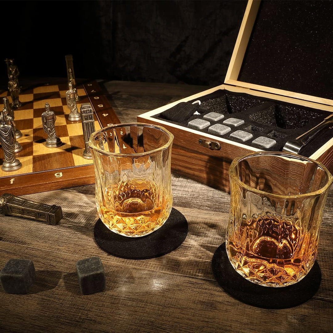 7-TLG Whisky Steine Set mit Wunschgravur - Motiv: Weltkarte - personalisierte Kiste - 2X Tumbler, 9X