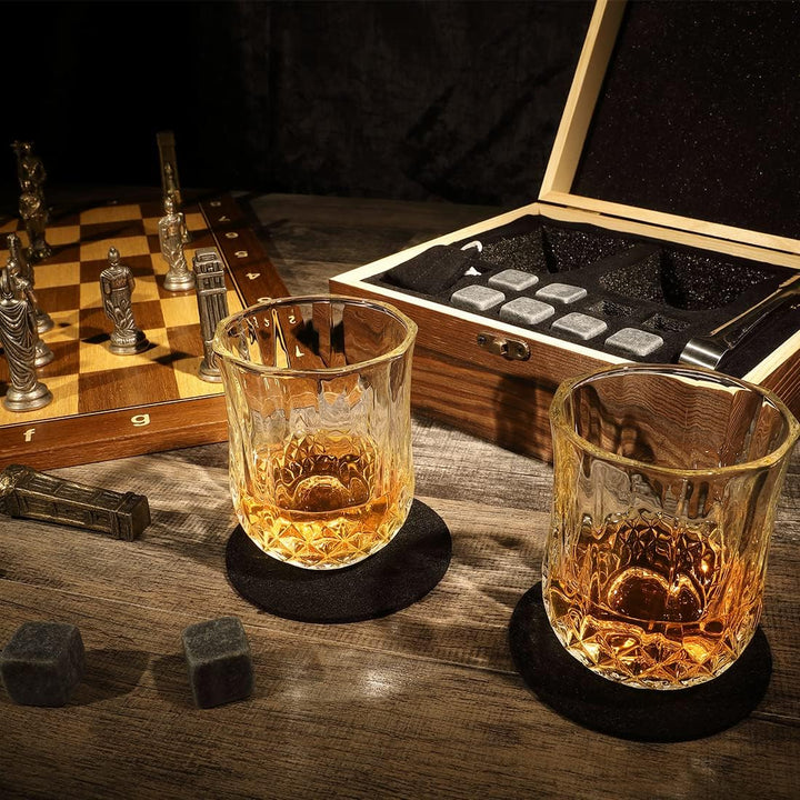 7-TLG Whisky Steine Set mit Wunschgravur - Motiv: Weltkarte - personalisierte Kiste - 2X Tumbler, 9X