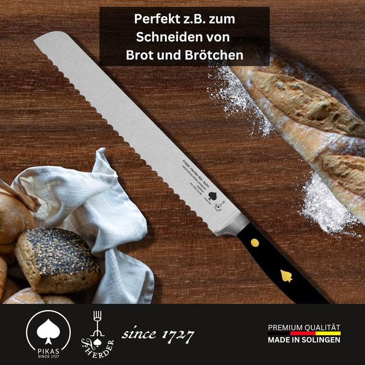 Brotmesser Premium aus Solingen, Extrascharf, Rostfrei, Klingenlänge 21 cm im Wellenschliff – Spülma