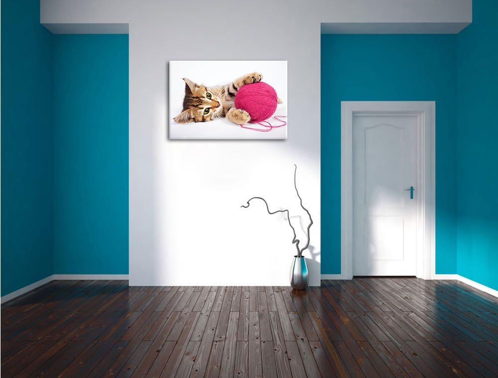 Kätzchen mit Wollknäul Format: 100x70 auf Leinwand, XXL riesige Bilder fertig gerahmt mit Keilrahmen