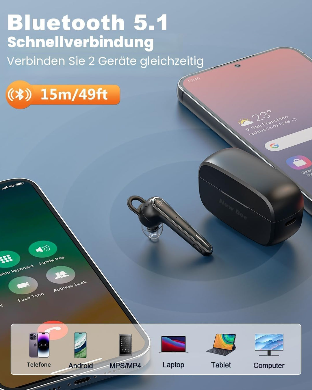 New Bee Bluetooth Headset Ultraleicht Wireless Freisprech Headset V5.1, CVC 8.0 Dual ENC Geräuschunt