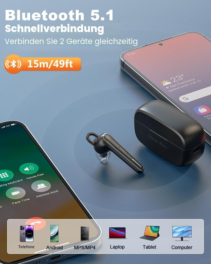 New Bee Bluetooth Headset Ultraleicht Wireless Freisprech Headset V5.1, CVC 8.0 Dual ENC Geräuschunt
