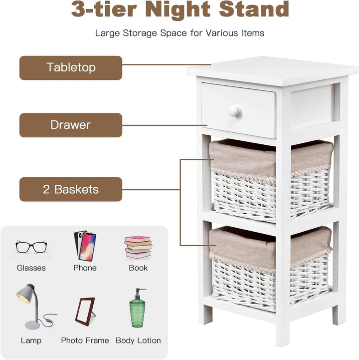 GIANTEX 2er Set Nachttisch Nachtschrank, Nachtkommode mit Schublade & 2 Körben, Korbkommode Antik, N