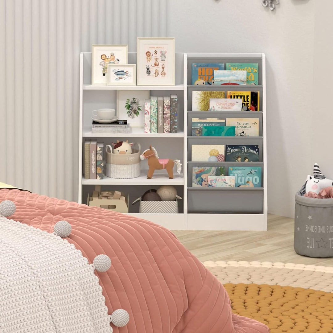 NACHES Kinderregal Bücherregal für Kinder, 90x40x80cm, mit 5 Ablage und 4 offenen Fächern, aus Holz,