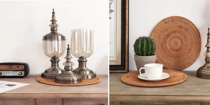 DAWN FLAME Set Mit 2 Handgewebten Tischsets aus Natürlichem Rattan Hitzebeständiger Unterlage Dreibe