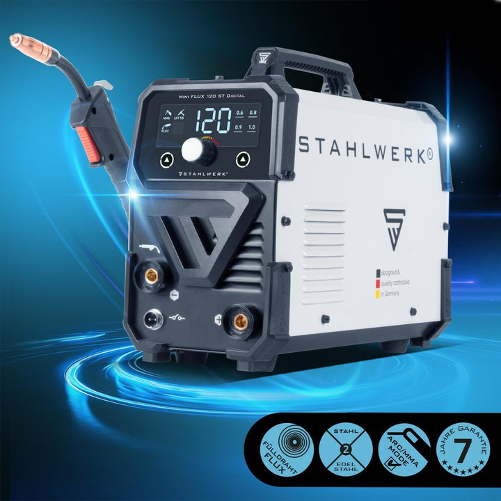 STAHLWERK Mini FLUX 120 ST Vollausstattung Fülldraht Schweissgerät mit synergischem Drahtvorschub fü