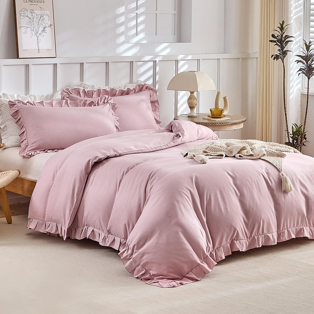 Lekesky Rüschen Rosa Bettwäsche 200x200 cm 3 Teilig Mädchen Mikrofaser Bettwäsche Blumen mit Reissve