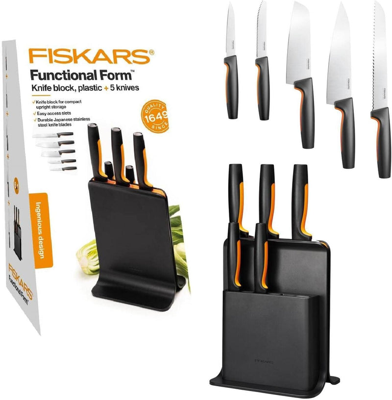 Fiskars Design-Messerblock mit 5 Messern, Schwarz, 1057554 & Schälmesser, Functional Form, Gebogene