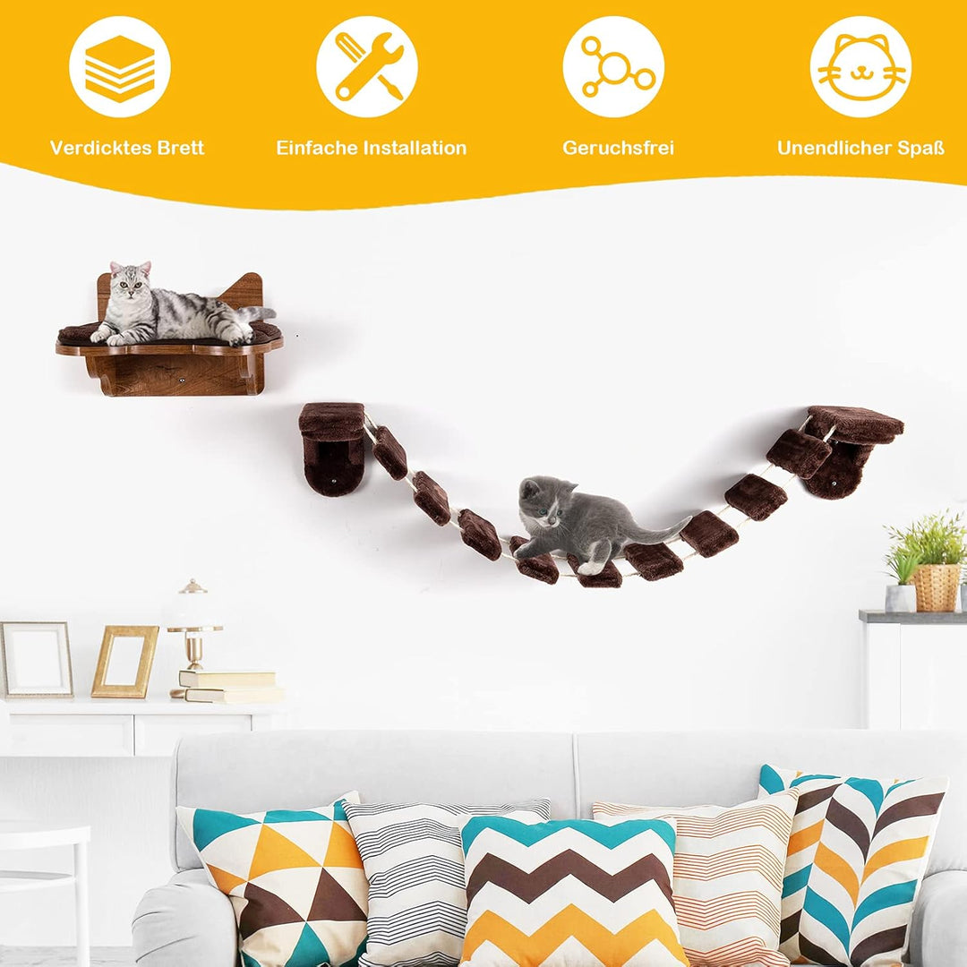 COSTWAY Kletterwand Katzen, 2 in 1 Katzenbrücke und Katzenliege, Katzenhängematte Wand Set, Hängebrü
