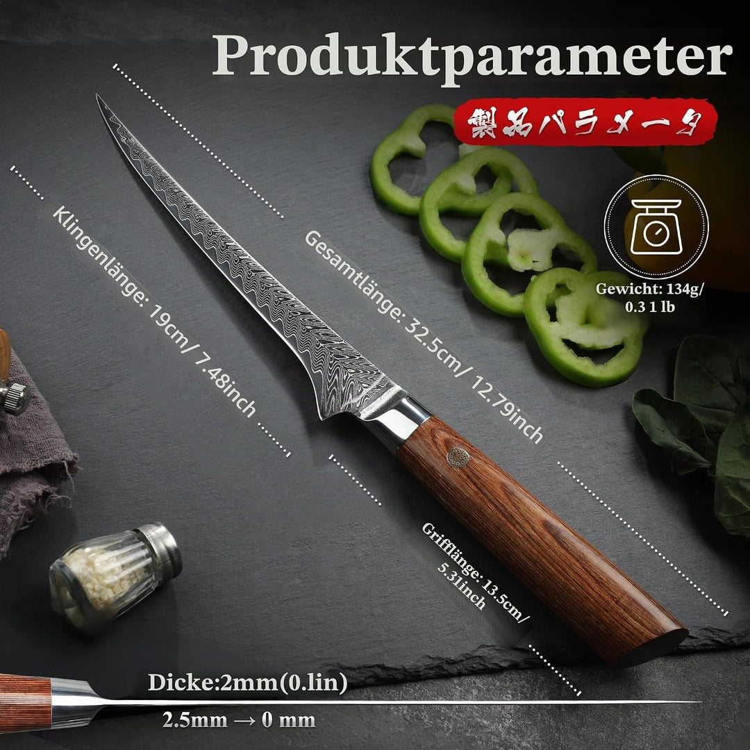 Dragon Creek Ausbeinmesser 19cm, Damaststahl, Präzises Fisch- und Fleischmesser, Ergonomischer Holzg