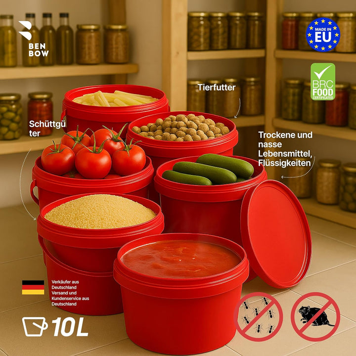 BenBow Eimer mit Deckel 10l Rot 3X 10 Liter - lebensmittelecht, stabil, luftdicht, auslaufsicher, ge