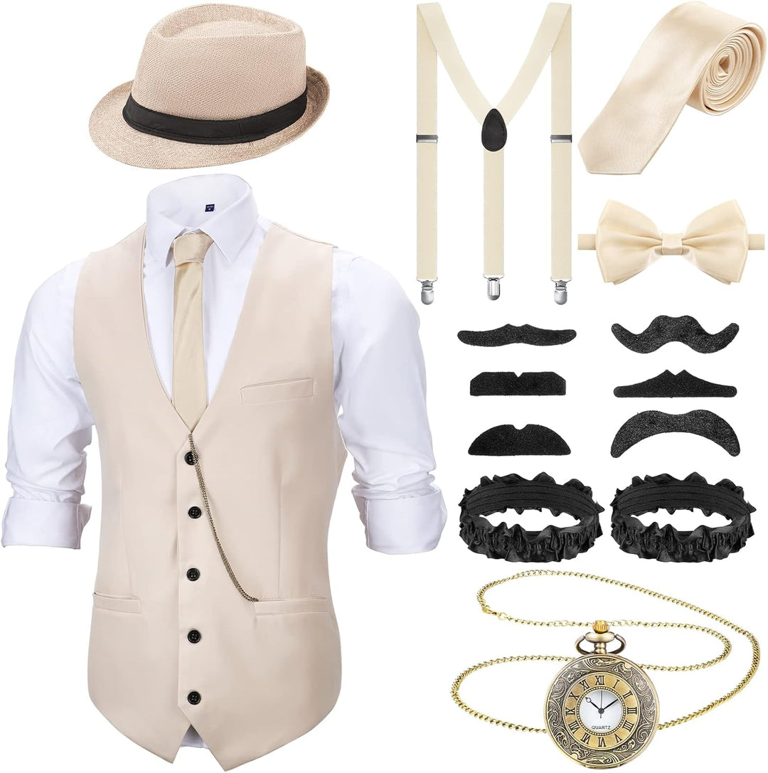 Blulu 1920er Herren Zubehör Gatsby Gangster Kleidung Kostüm Cosplay Outfit mit Weste Fedora Hut Tasc