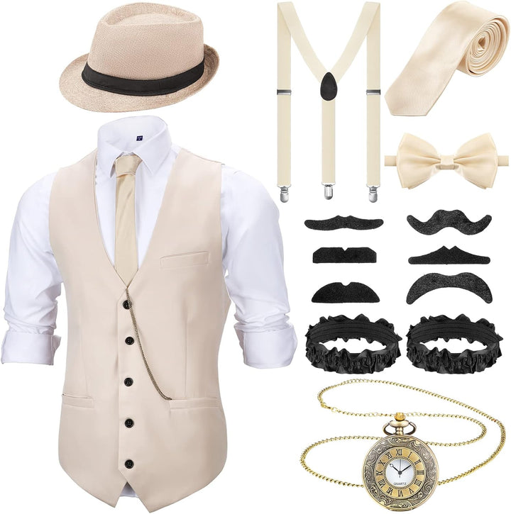Blulu 1920er Herren Zubehör Gatsby Gangster Kleidung Kostüm Cosplay Outfit mit Weste Fedora Hut Tasc